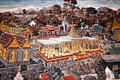 Bangkok Grand Palace, Ramakien murals of the gallery of the Wat Phra Kaew, Phro Ram easily lifts the great Molee bow in the pavilion among the congregation of kings and princes. 